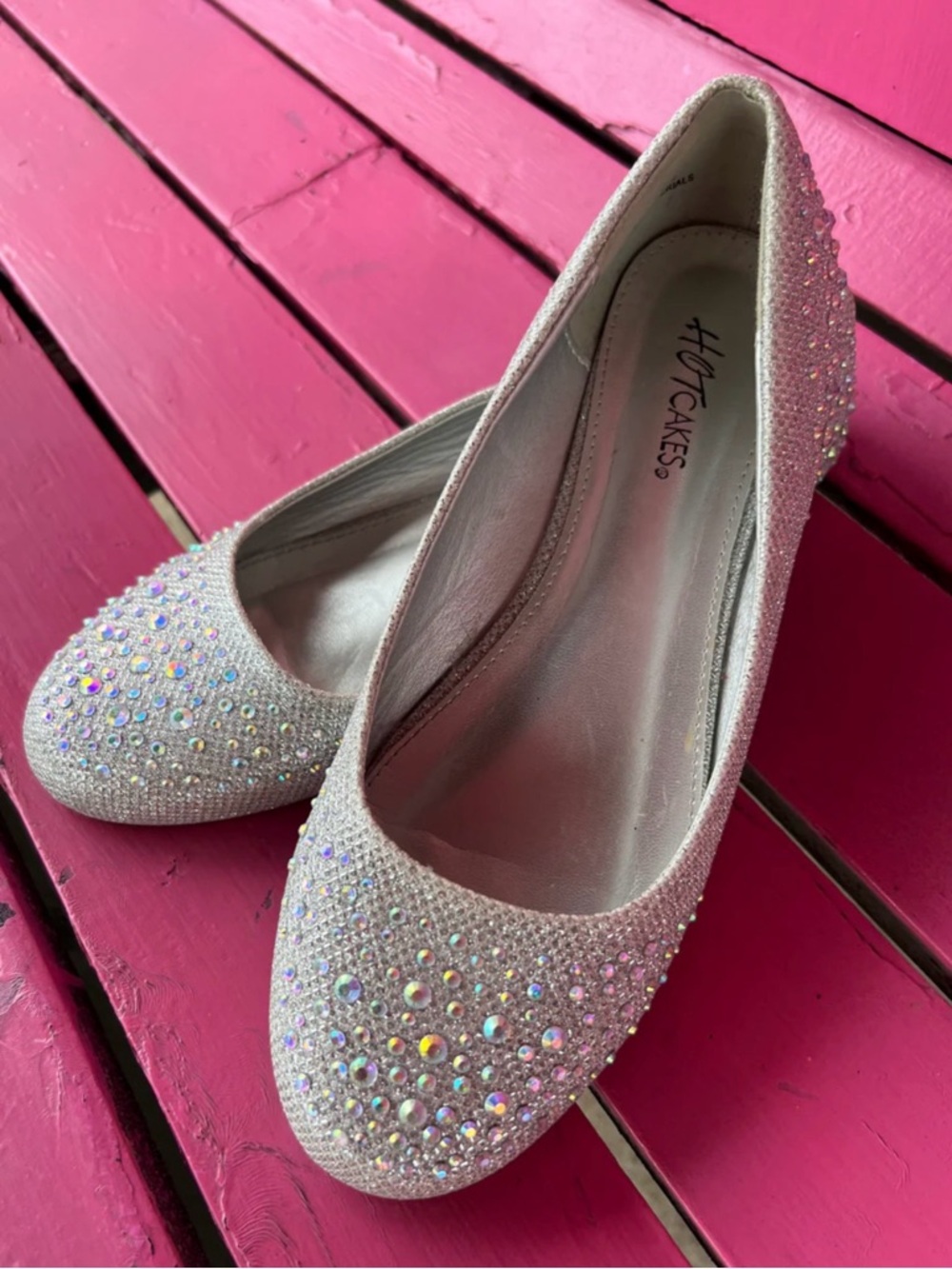 Hot Cakes Girls Embellished Silver Crystal Flats Size 2M